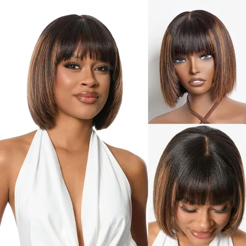 Miniatura 29 de LUVME HAIR Peluca de Ondas Sueltas Yaki Ligero de 12 Pulgadas Cabello Humano Hermoso, Pelucas Bob de Cabello Humano con Encaje HD Indetectable Sin