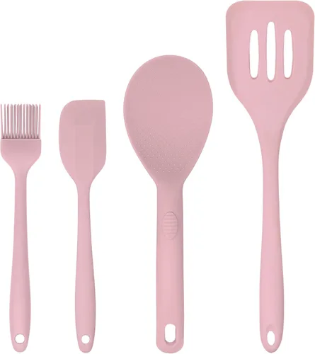 Juego de 4 utensilios de silicona – Espátula de goma, cepillo de repostería, espátula ranurada y paleta de arroz – Juego completo resistente al Rosa