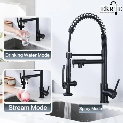 Miniatura 6 de Grifo de cocina, grifo de agua potable de 3 vías, grifo de cocina moderno con rociador extraíble, grifos de fregadero de cocina de doble asa, grifos