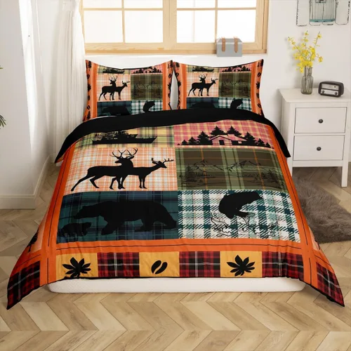 Miniatura 37 de Funda de edredón rústica tamaño Queen, juego de ropa de cama retro para cabaña de cabaña, oso de caza, ciervo, hojas de arce, funda de edredón