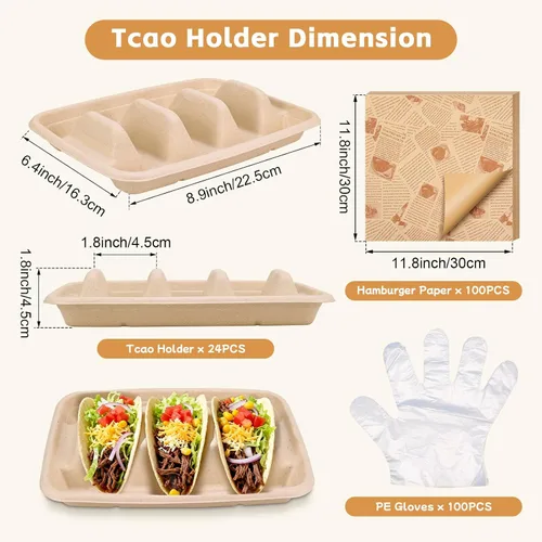 Miniatura 3 de 24 soportes desechables para tacos con 100 forros y 100 guantes, platos de tacos de fibra natural resistentes, bandejas de tacos de 3 compartimentos