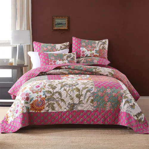 Miniatura 15 de ABREEZE Juego de edredón acolchado de algodón con diseño de retazos florales de rosas moradas, juego de colcha rústica de 3 piezas Rosa morada