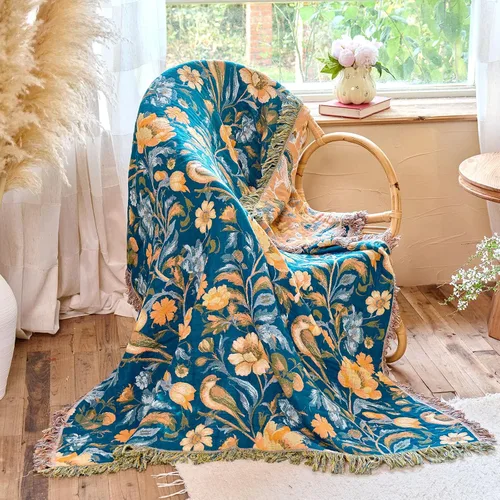 Miniatura 13 de Manta de arrullo boho 60 x 80 pulgadas, manta suave y acogedora 100% algodón para cama, mantas de otoño con decoración floral de pájaros y granja