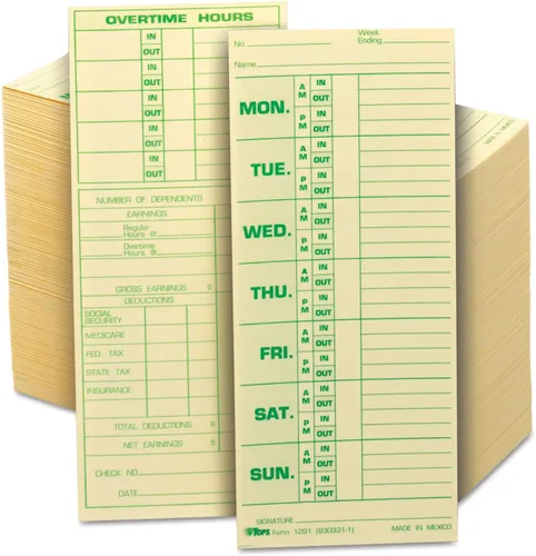 Miniatura 2 de TOPS Tarjetas de tiempo, semanales, 2 caras, 3-1/2 x 8-1/2 pulgadas, impresión verde delantera/trasera, 500 unidades (1291)