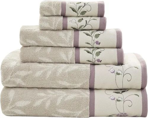 Miniatura 14 de Madison Park Serene - Juego de toallas de baño 100% algodón con diseño floral lujoso bordado en algodón jacquard, toallas decorativas para baño