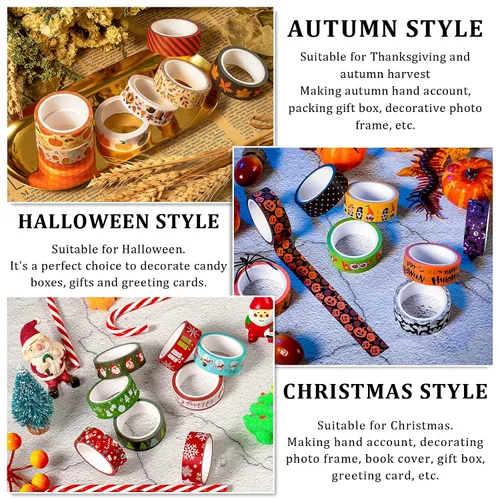 Miniatura 4 de Whaline 24 Rollos de Cinta Washi de Otoño Halloween Juego de Cinta Washi Navideña de Acción de Gracias Hojas de Otoño Calabaza Cinta de Enmascarar