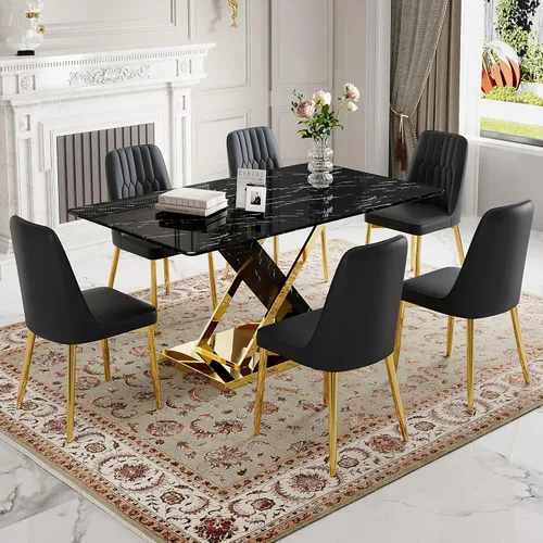 Miniatura 15 de Juego de mesa de comedor de mármol para mesa rectangular blanca de 4.63 pulgadas con marco de metal plateado en forma de X y 4 sillas de comedor
