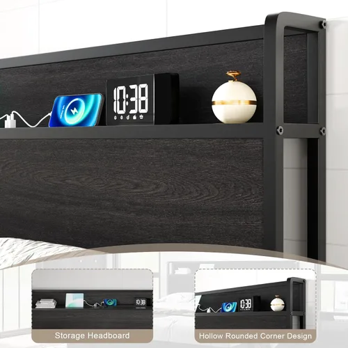 Miniatura 5 de AMERLIFE Marco de Cama de Almacenamiento Elevable Tamaño Completo, Marco de Cama de Plataforma de Madera con Almacenamiento Elevable y Estación