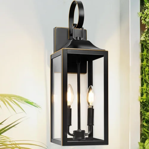 Miniatura 12 de Farol de pared negro de 19 pulgadas para exteriores, 2 luces, aplique grande y moderno para porche, luz industrial para porche con vidrio