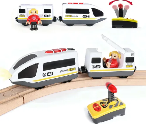 Miniatura 11 de Tren a pilas para pista de madera, potente locomotora con motor de control remoto, juguete de tren con luz y sonidos, regalo para niños pequeños