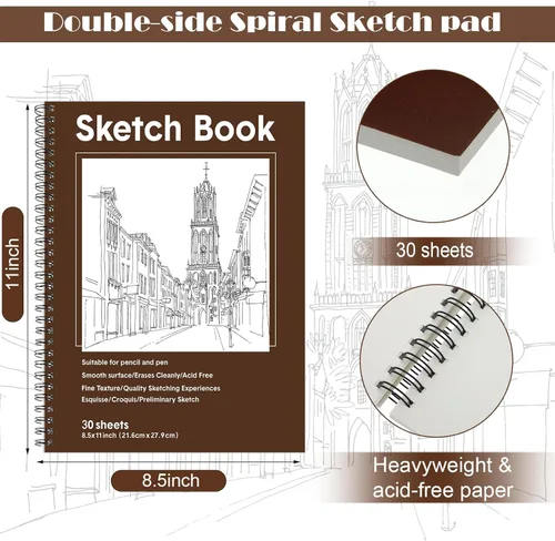 Miniatura 2 de Qilery 24 blocs de bocetos de 8.5 x 11 pulgadas, 30 hojas cada cuaderno de bocetos en espiral de 3.53 oz/m², papel de dibujo libre de ácidos