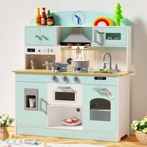 Babytronic Juego de cocina de madera, cocina de simulación con luces y sonidos para niños de 3 años en adelante, incluye estufa, horno, microondas,