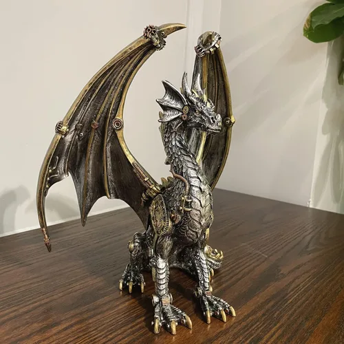 Miniatura 4 de Estatua de dragón steampunk gótica retro equipo mecánico sentado dragón de aspecto metálico, escultura de resina para el hogar, decoración de cuevas