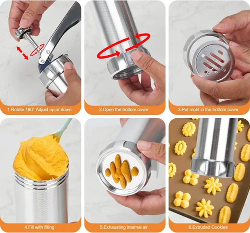 Miniatura 5 de Prensa de galletas de acero inoxidable, prensa de galletas para hornear, kit de pistola de prensa de galletas con 20 discos de galletas y 8 puntas