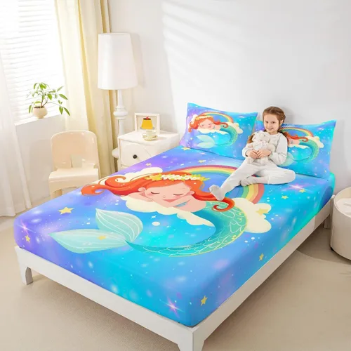 Miniatura 6 de Juego de sábanas bajeras con diseño de cola de sirena de sirena, juego de ropa de cama de escamas de pescado con purpurina, tamaño individual, juego