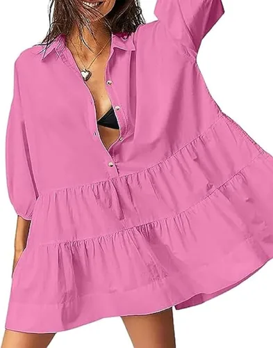 NUFIWI Vestido camisero fluido para mujer, con botones, manga larga, cuello en V, corto, vestido corto tipo túnica suelto con bolsillos