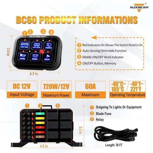 Miniatura 2 de Auxbeam Panel de interruptor de 6 bandas BC60, caja de sistema de relé de control de circuito universal con interruptor LED de encendido y apagado