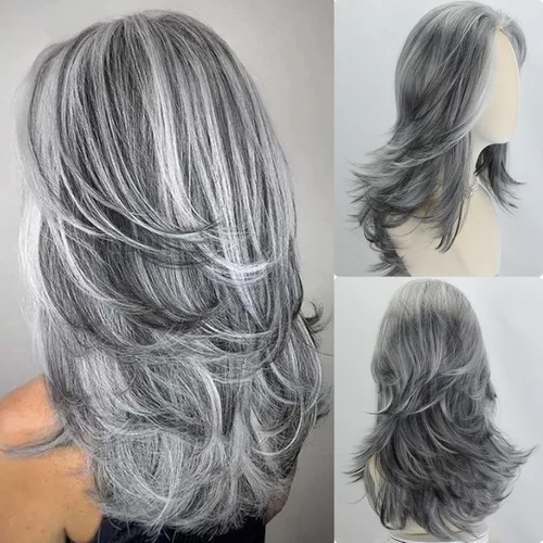 Fencca Pelucas grises plateadas para mujeres blancas de 20 pulgadas de longitud media, onduladas en capas, sal y pimienta, con reflejos sintéticos,