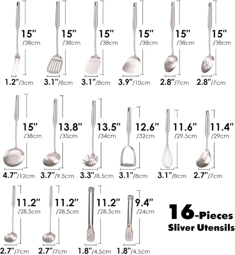 Miniatura 2 de Juego de utensilios de cocina de acero inoxidable 18/10, 16 cucharas de cocina pequeñas y grandes de metal, utensilios para servir, batidor, 16