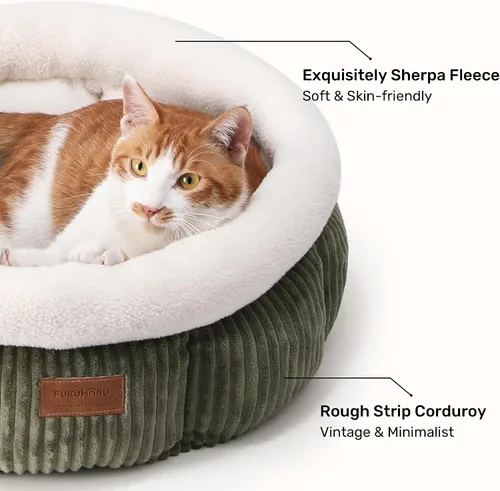 Miniatura 3 de FUKUMARU Cama para gatos, camas redondas de pana para gatos de interior, cama lavable y esponjosa para mascotas para gatos y cachorros, camas suaves