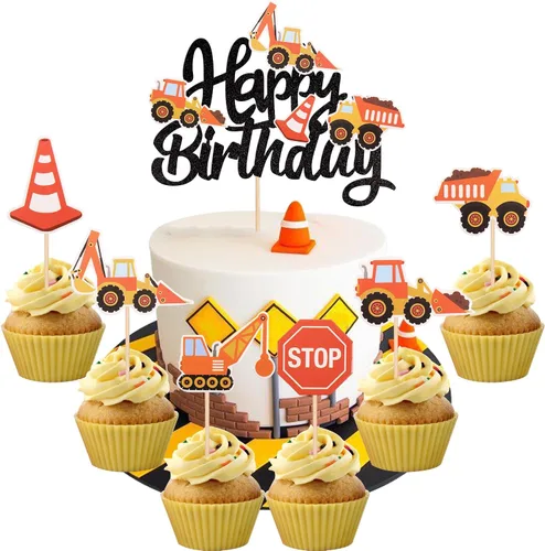 25 PIEZAS Decoración para Pastel de Construcción, Decoración para Pastel de Cumpleaños, Decoración de Parada, Camión Volquete, Excavadora, Tractor,