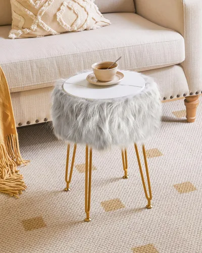 Miniatura 6 de IBUYKE Taburete de Vanidad Redondo de Piel Sintética con Almacenamiento, Silla Otomana de Maquillaje Peluda, Asiento Acolchado Suave, Reposapiés