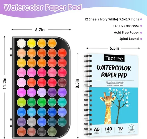 Miniatura 5 de Taotree Juego de pintura de acuarela, libro de ejercicios de acuarela, libro para colorear al agua, kit de acuarelas de 48 colores con 10 pinceles