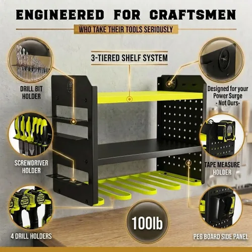 Miniatura 2 de BUILTSTRONG Organizador de almacenamiento de herramientas de metal resistente - Organizador de montaje en pared de 3 niveles, soporte de taladro