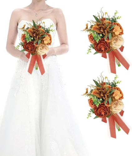 Miniatura 39 de Juego de 4 ramos para dama de honor para boda - Ramos de flores artificiales de 7 pulgadas para decoración de centros de mesa de ceremonia y Azul
