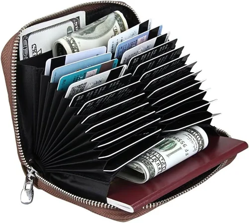 Miniatura 26 de boshiho Cartera con bloqueo RFID de 24 ranuras para tarjetas de crédito, de piel auténtica, organizador de múltiples tarjetas, con cremallera