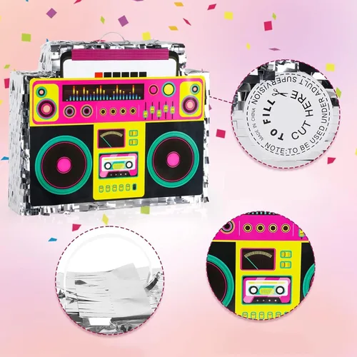 Miniatura 5 de Boombox Piñata con palo con los ojos vendados de los años 80, hip hop, juego de piñata mexicana para fiesta de regreso a los 80, regalos de radio