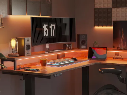 Miniatura 6 de CubiCubi Escritorio de pie con triple motor de 63 pulgadas en forma de L con tira LED y tomas de corriente, escritorio de esquina ajustable