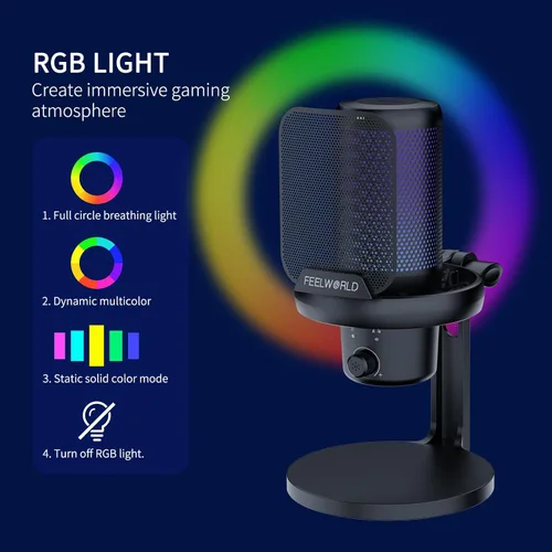 Miniatura 4 de FEELWORLD VM1 Micrófono USB para PC de juegos Micrófono condensador con cancelación de ruido, luz RGB silenciosa, accesorios para computadora