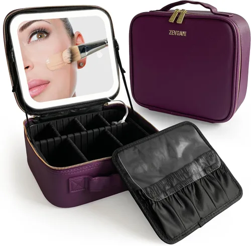 ZEVGANI Bolsa de maquillaje de viaje con estuche de cosméticos de luz LED, estuche de maquillaje portátil con espejo iluminado, bolsa organizadora