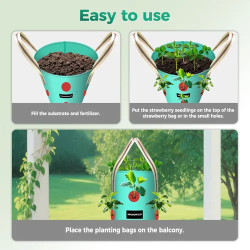 Miniatura 7 de Paquete de 3 bolsas colgantes de fresas, bolsas de cultivo colgantes de 1 galón con agujero de plantación inferior, maceta de fresa de polietileno