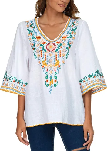 Miniatura 5 de YZXDORWJ Blusa campesina mexicana bordada con cuello en V para mujer