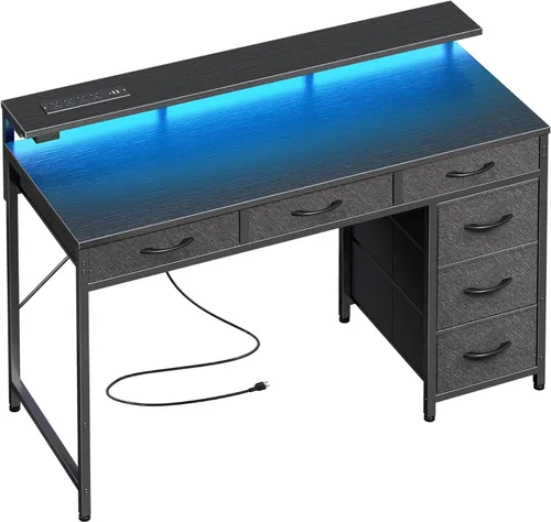 Escritorio para juegos Huuger con 6 cajones, escritorio para computadora con luces LED, tomas de corriente y tipo-C, escritorio de oficina de 39