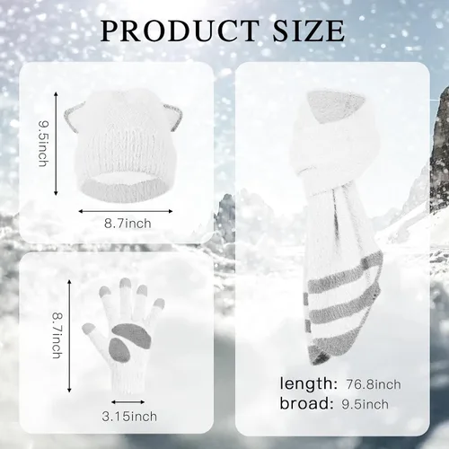 Miniatura 2 de Gorro de punto de invierno para mujer, guantes para pantalla táctil, bufandas, cálido y suave, con orejas de gato, gorras de calavera, bufandas