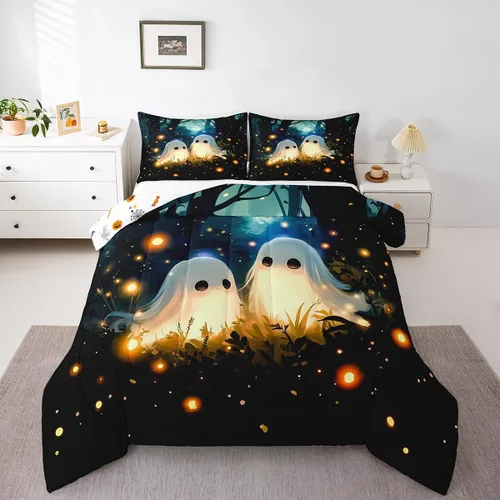 Feelyou Juego de ropa de cama de fantasmas para niños y niñas, tamaño individual, juego de edredón con temática de fantasma de terror para niños,