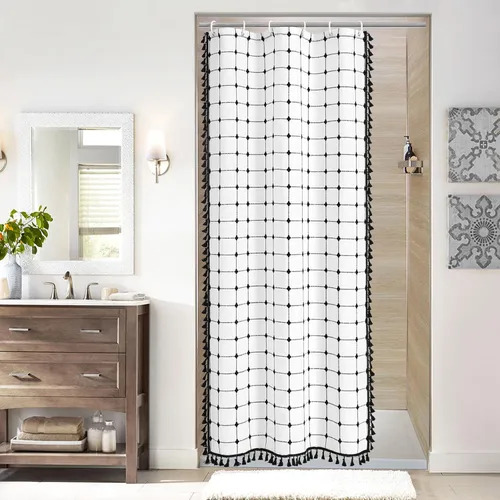 Miniatura 26 de MitoVilla Juego de cortinas de ducha estilo bohemio, modernas cortinas de ducha bohemias para decoración de baño, cortina de ducha de tela de lino