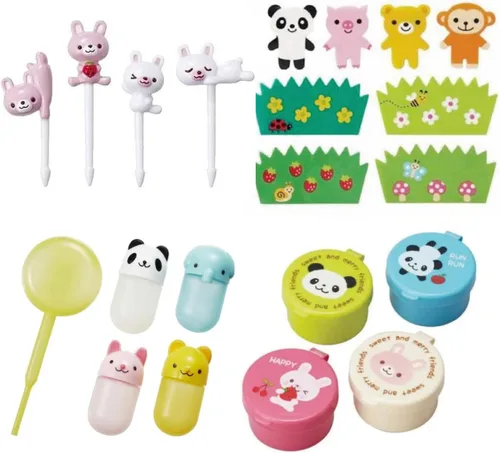 Juego de 4 tipos de accesorios de caja bento, mini contenedor súper lindo, hojas de decoración Kawaii, contenedor de salsa de soja con gotero, juego