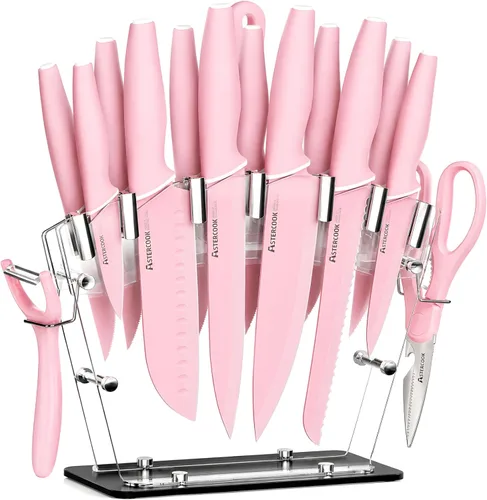 Astercook Juego de cuchillos con bloque y afilador, juego de cuchillos de cocina de 22 piezas, apto para lavavajillas, bloque de cuchillos Rosa