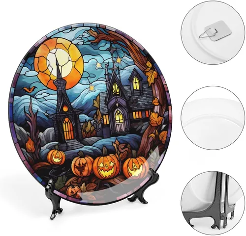 Miniatura 4 de Platos decorativos de Halloween, diseño de casa embrujada, escena nocturna, vitral, placa de cena de cerámica para el hogar con soporte de Escena