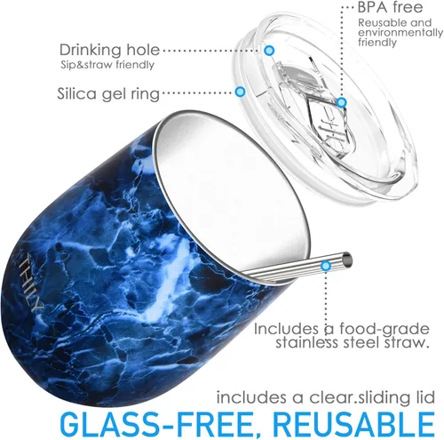 Miniatura 3 de THILY Vaso de vino aislado de acero inoxidable de 12 onzas, copa de vino sin tallo con tapa deslizante y popote de metal, taza de viaje que mantiene