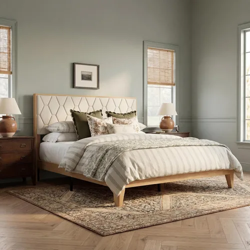 Miniatura 8 de Brafab Marco de cama de tamaño matrimonial, marco de cama de madera con cabecera de terciopelo capitoné de diamante, plataforma de madera