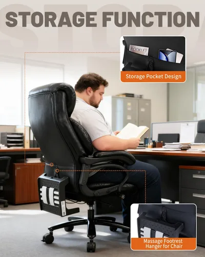 Miniatura 6 de Silla de oficina resistente de 800 libras y reposapiés de masaje, silla ejecutiva grande y alta con soporte lumbar ajustable, piel sintética, Negro