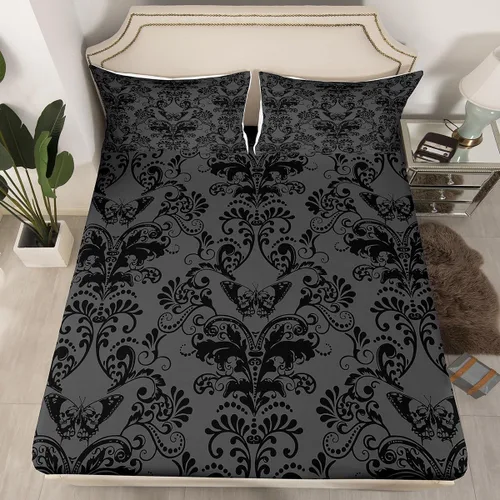 Miniatura 25 de Sábanas de cama góticas de damasco para adultos, sábana bajera ajustable victoriana antigua, sábanas góticas florales vintage, juego de ropa de cama