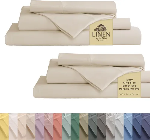 Miniatura 57 de Linen Home Juego de sábanas 100% de percal de algodón, fresco, ligero, sólido, California king, 4 piezas, 1 sábana encimera, 1 sábana ajustable, 14