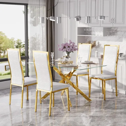 Miniatura 23 de Juego de mesa de comedor de cristal dorado moderno de 63 pulgadas para 6, juego de mesa de cocina rectangular de 7 piezas con patas de acero Negro