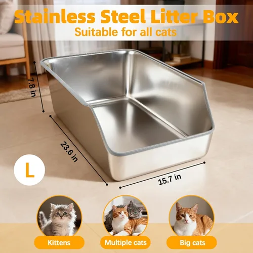 Miniatura 3 de Caja de arena para gatos de acero inoxidable con lados altos, bandeja de arena de metal extragrande para gatos, caja de entrada baja para gatos